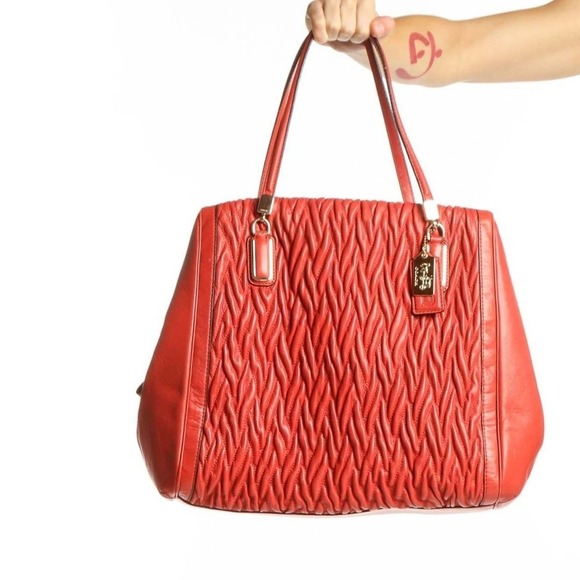 Coach Red Quilted Leather Shoulder Bag Large Tote Gold Hardware